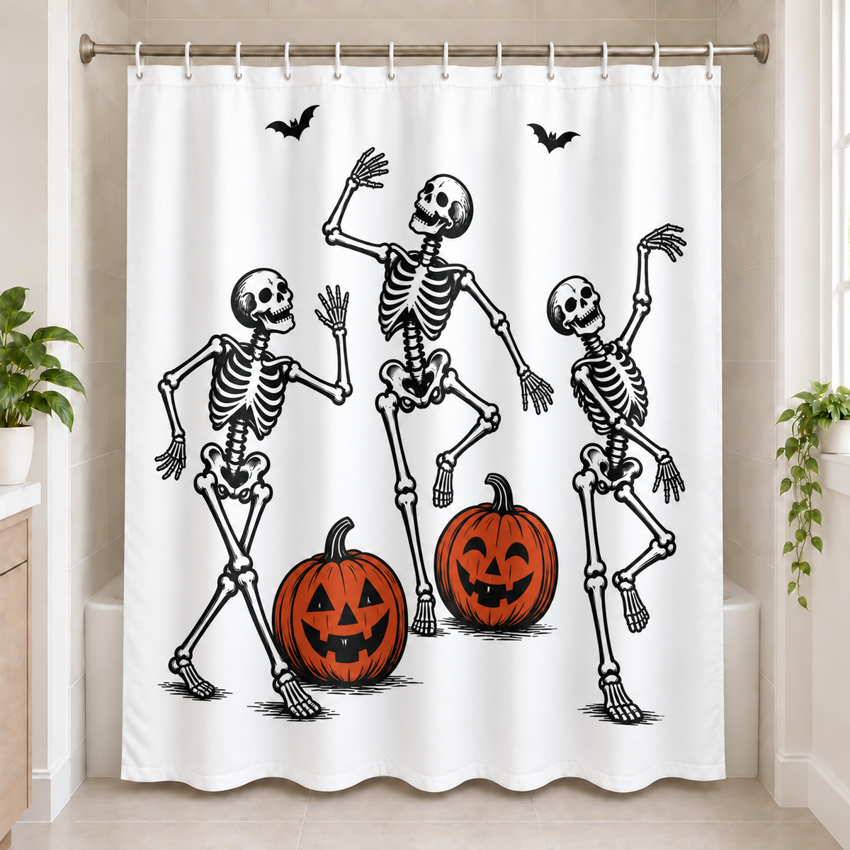 Linocut Dancing Skeletons Halloween Shower Curtain displayed in a bright bathroom