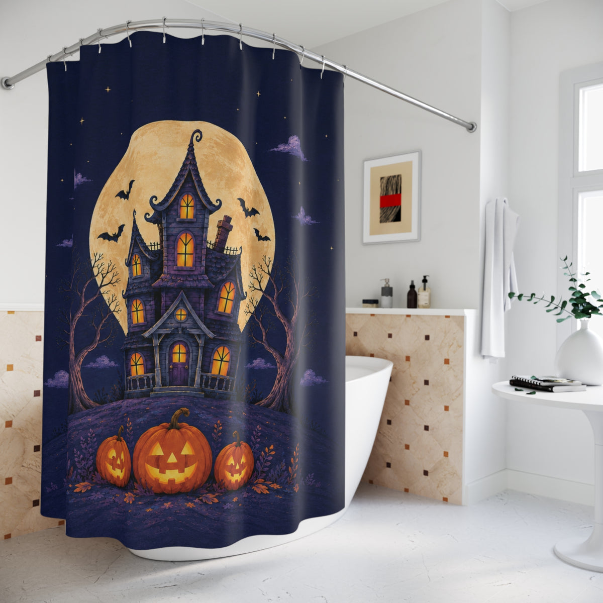 Moonlit Haunted House Halloween Shower Curtain displayed around a bathtub