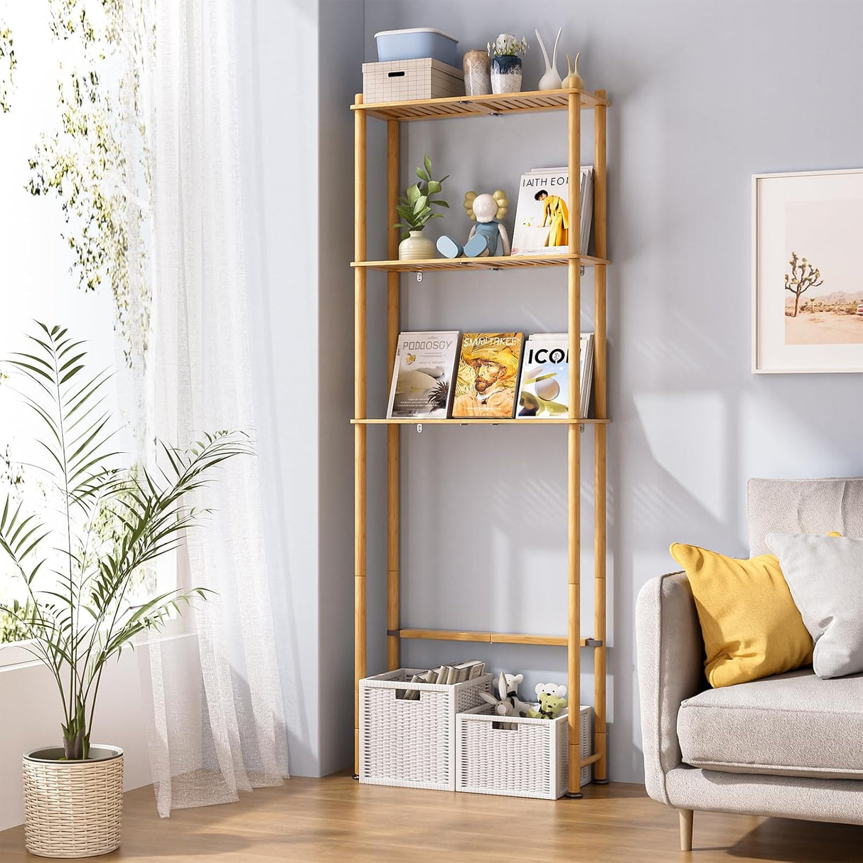 AmazerBath Natural bamboo three-tier over-the-toilet shelf styled beside a sofa with books, baskets, plants, and decor.