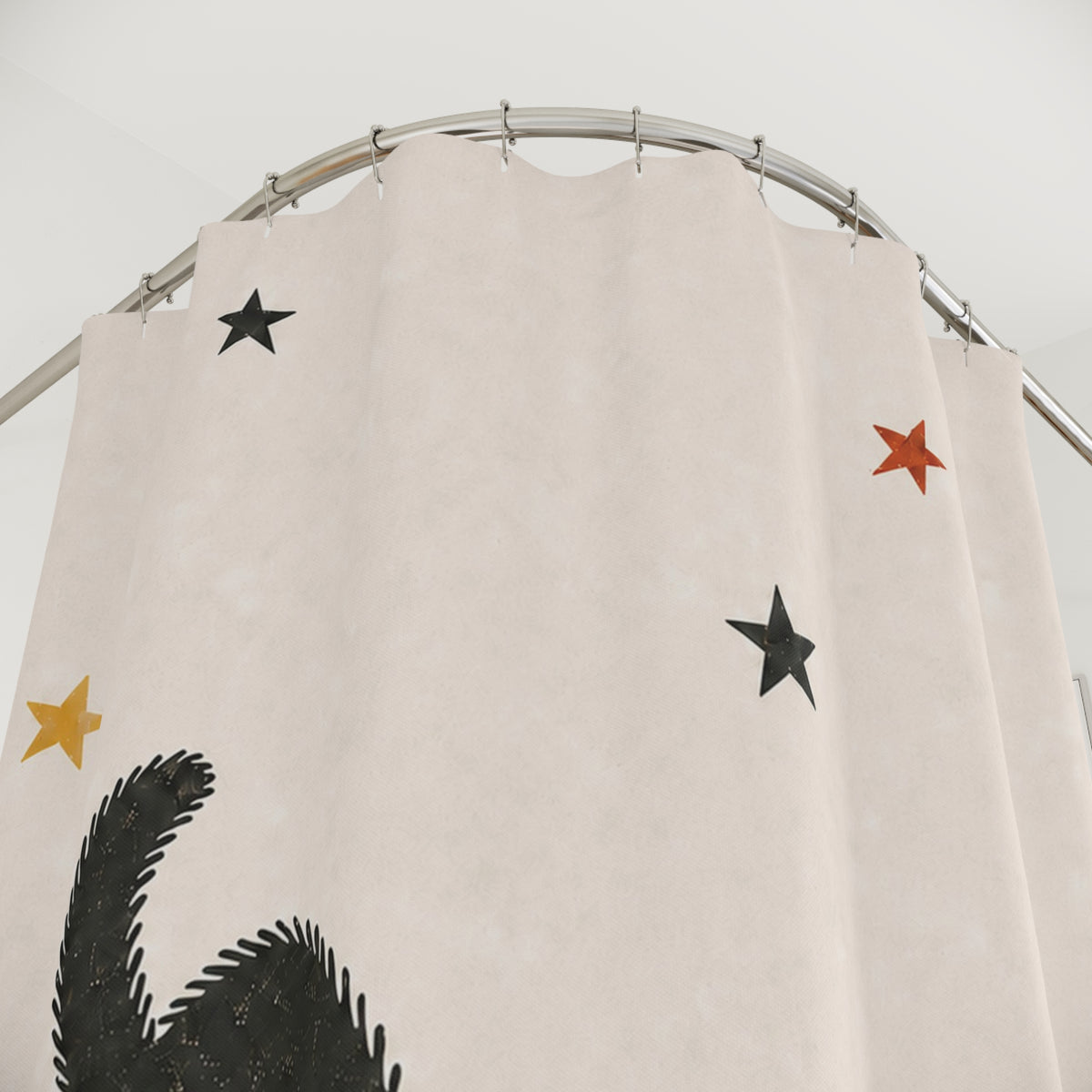 Close-up of Retro Black Cats & Pumpkins Halloween Shower Curtain fabric, print, and buttonholes