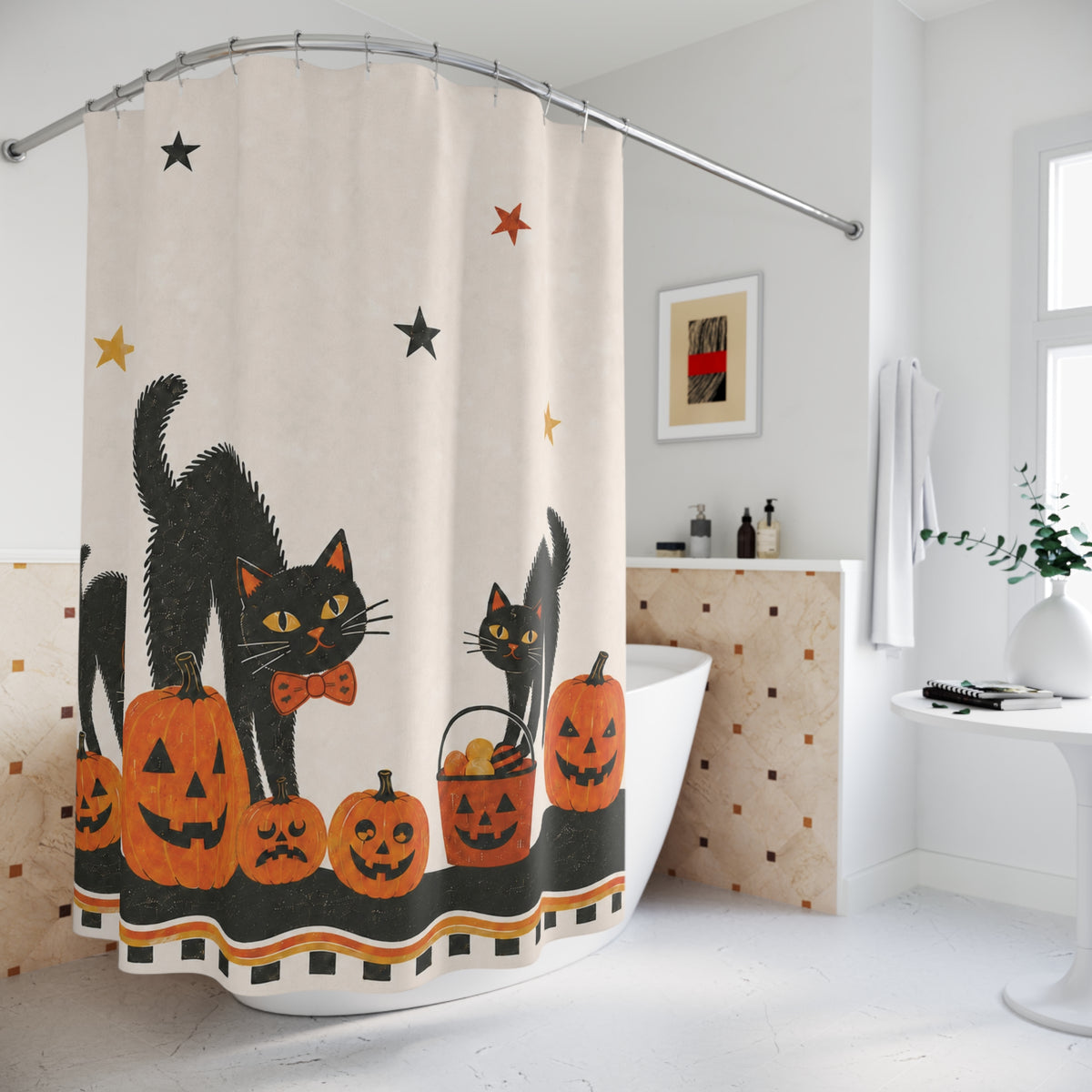Retro Black Cats & Pumpkins Halloween Shower Curtain displayed around a bathtub