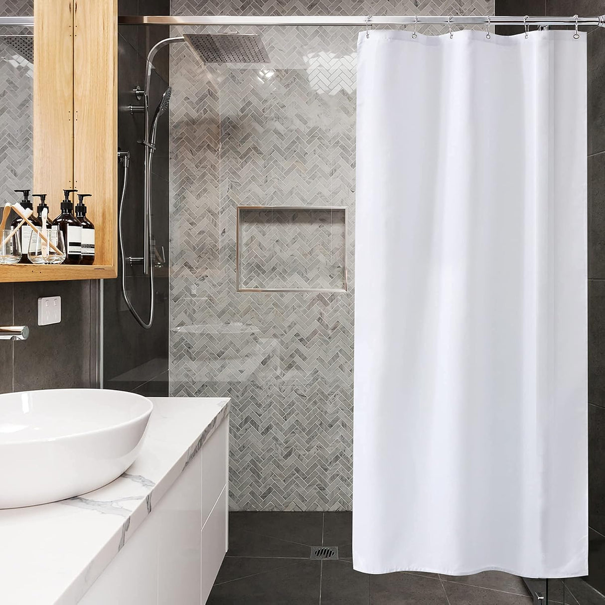 AmazerBath Waterproof Fabric Shower Curtain Liner, 120 GSM & Machine Washable in White, main product image.