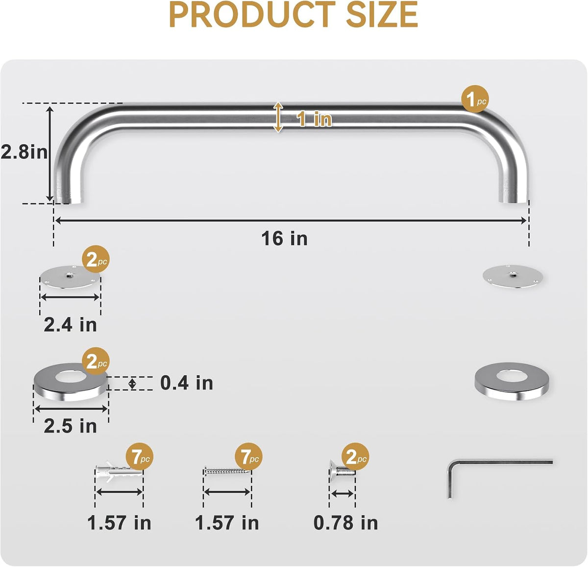 AmazerBath brushed nickel stainless steel shower grab bar size guide displays the 16 x 1-inch dimensions for bathroom safety.