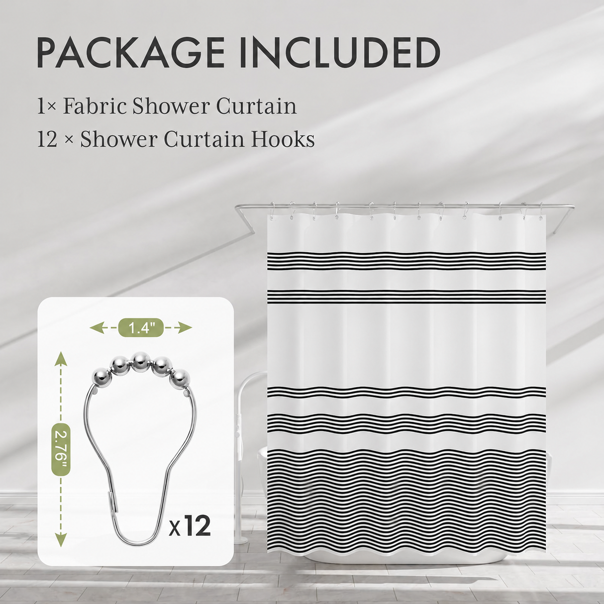 Wavy Striped Shower Curtain with 12 Rings packaging and included pieces.