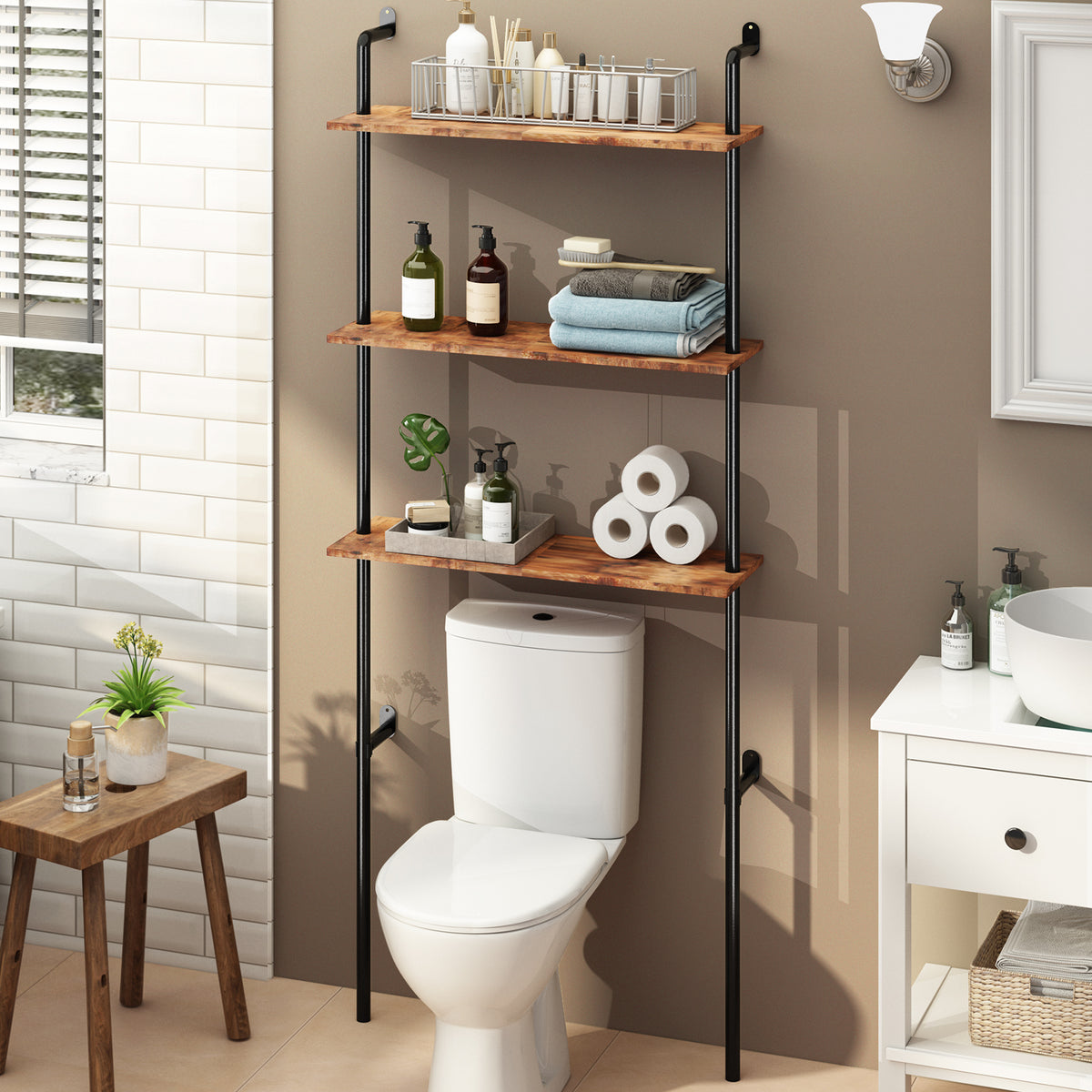 Industrial Pipe Bathroom Wall Shelf, Rustic Wall Mounted Storage Shelv —  MCombo