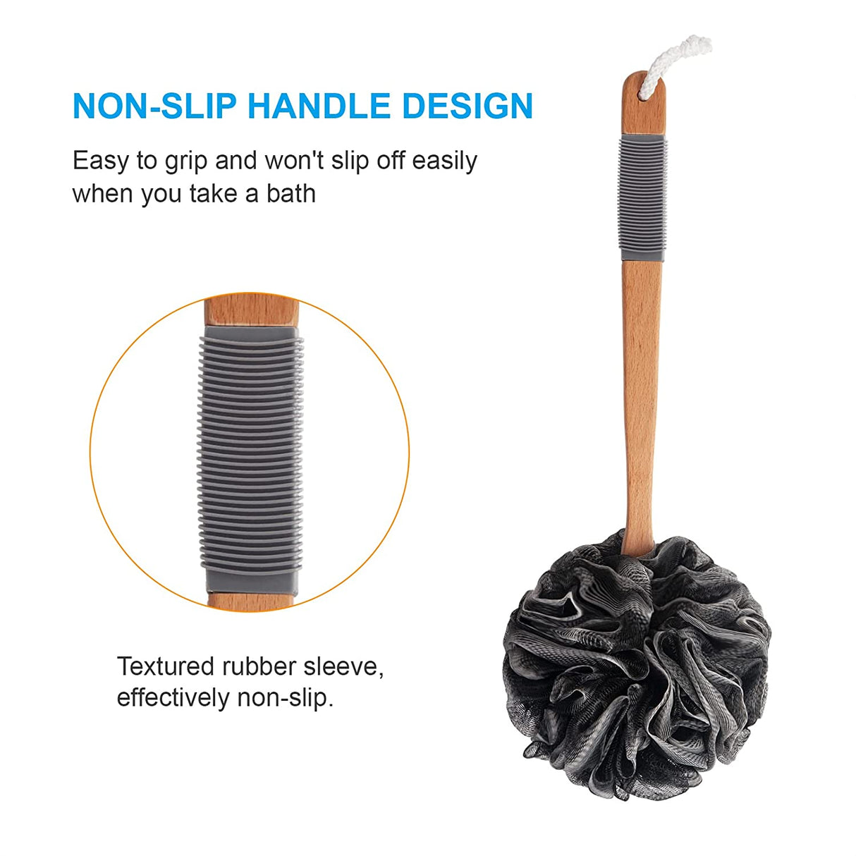 Shower Sponge Back Scrubber with Long Wooden Handle