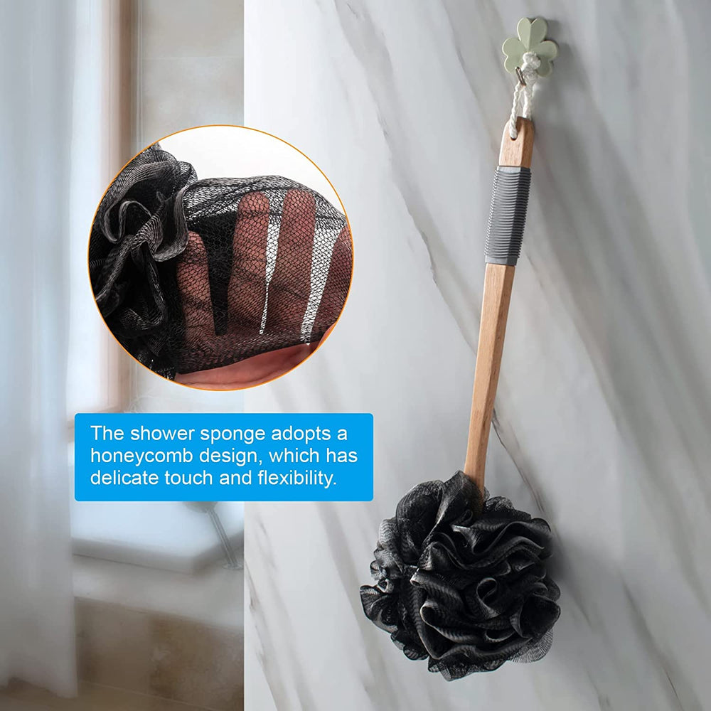 Shower Sponge Back Scrubber with Long Wooden Handle
