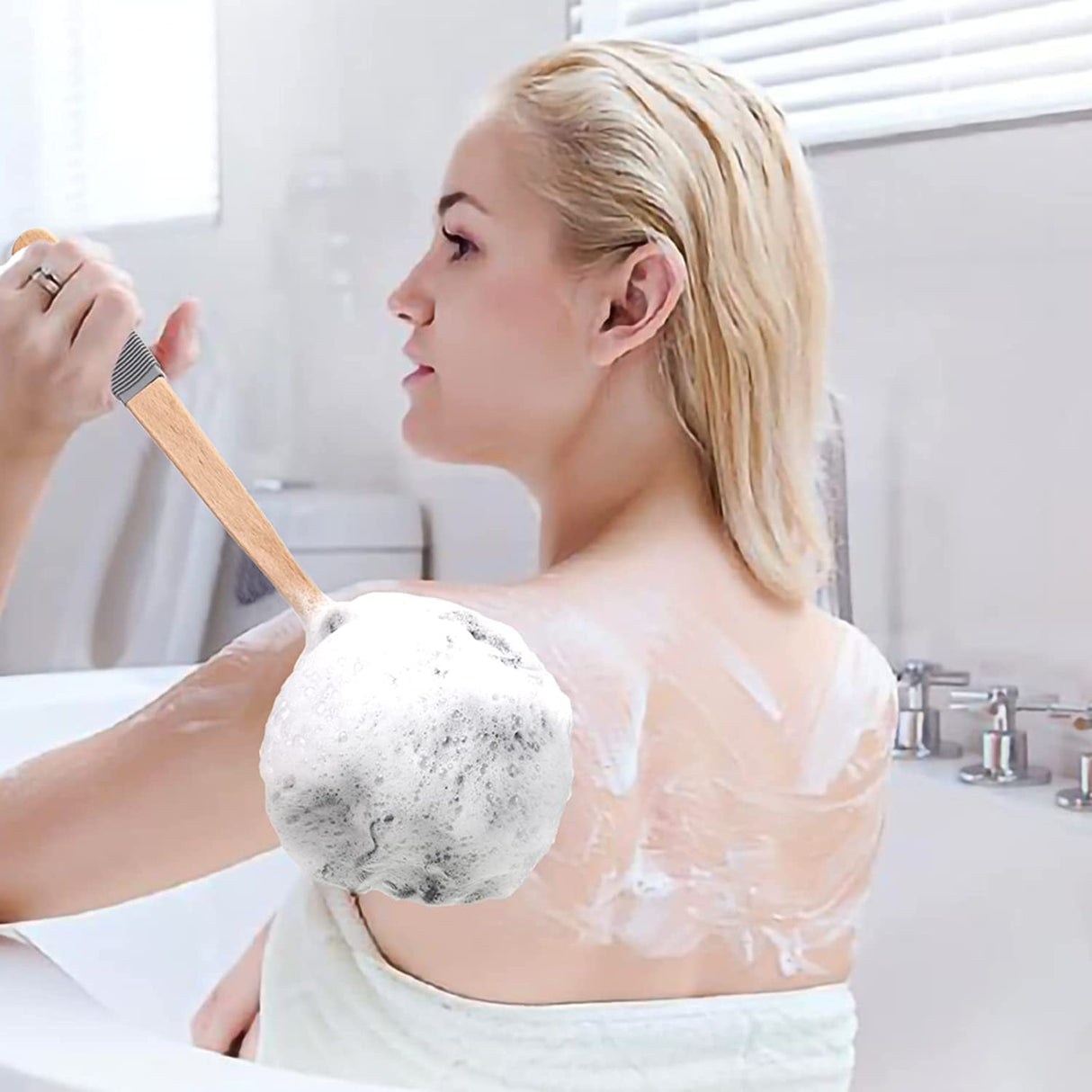 Shower Sponge Back Scrubber with Long Wooden Handle