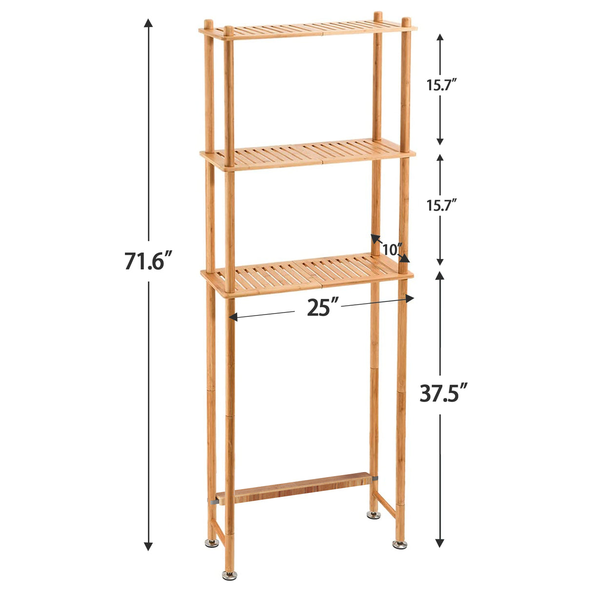 AmazerBath natural bamboo three-tier over-the-toilet shelf dimensions, 71.6 inches high and 25 inches wide.