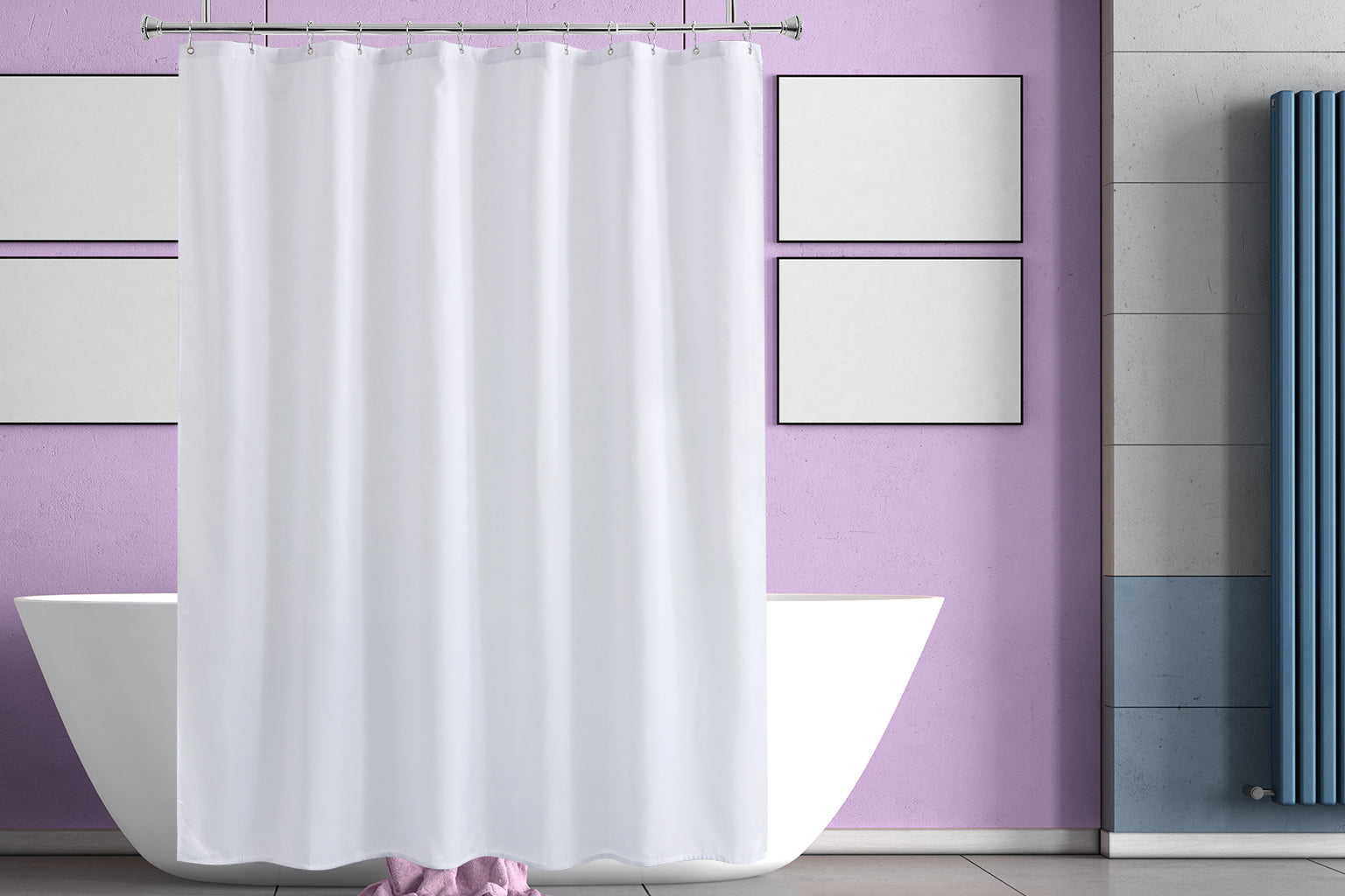 White waterproof fabric shower curtain liner hanging beside a bathtub in a bright bathroom
