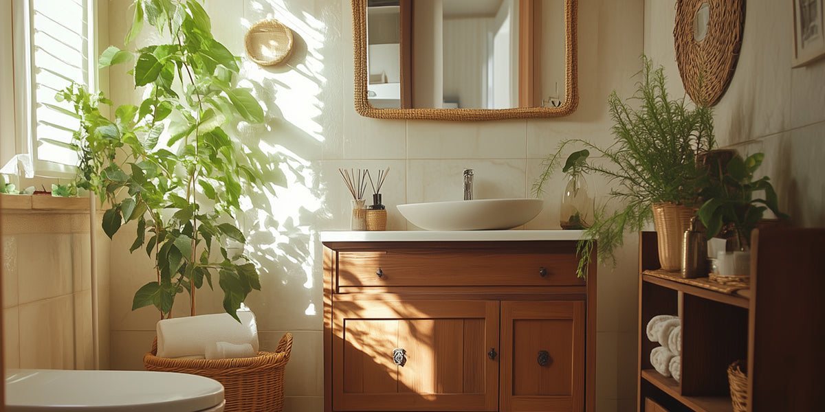 Organized bathroom featuring bamboo shelves, cabinets, and compact storage solutions