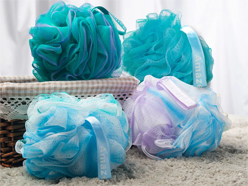 Colorful bath loofah sponges arranged for everyday shower use