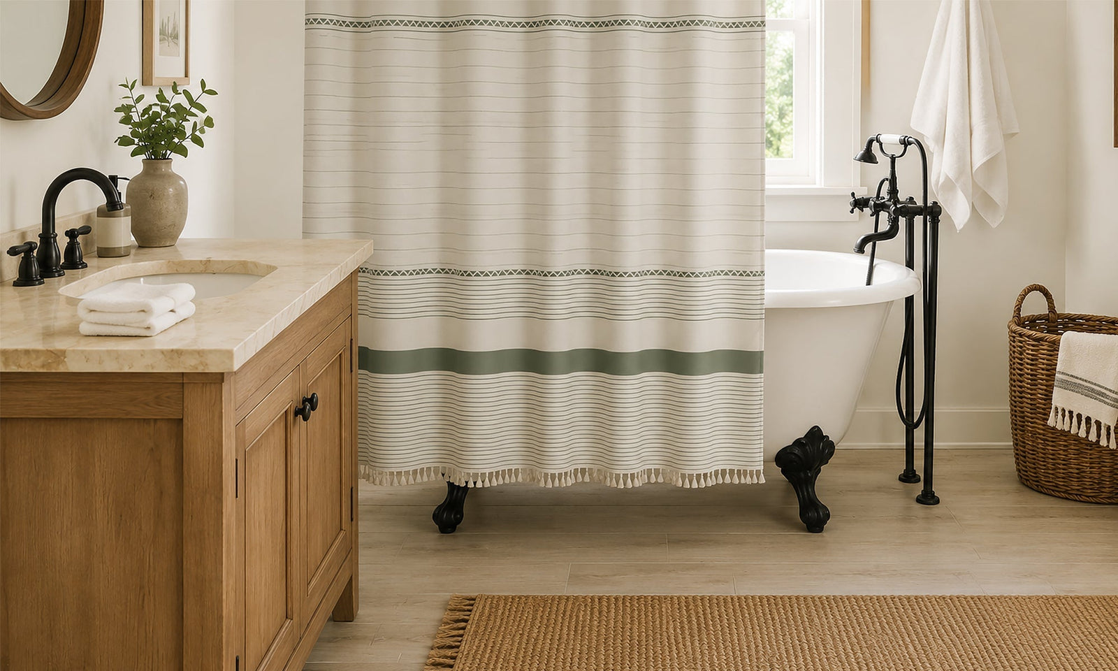 Boho farmhouse bathroom with bathtub and shower curtain