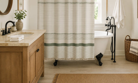 Farmhouse bathroom with a striped shower curtain beside a freestanding bathtub