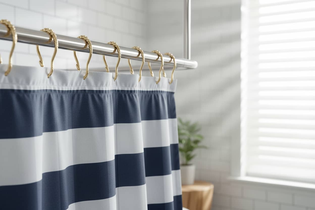 Assorted shower curtain hooks and rings in metal, stainless steel, and plastic styles