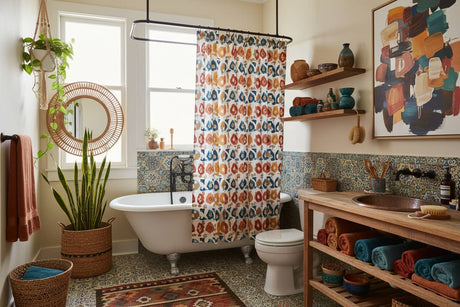Colorful shower curtain creating an affordable visual refresh in a bathroom