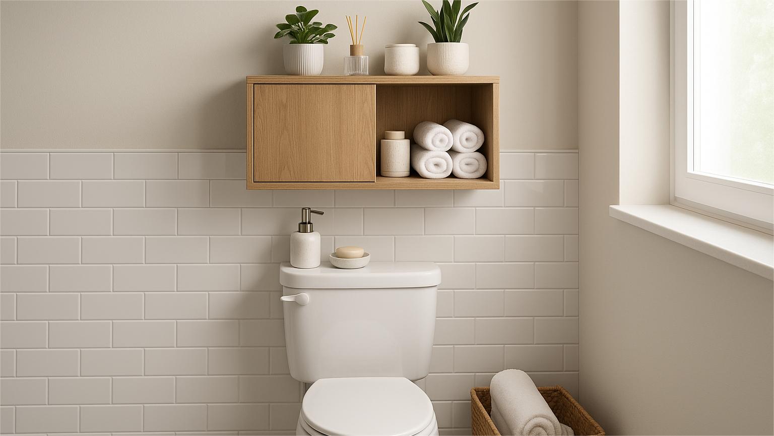 Bamboo over-the-toilet storage shelf organizing towels and bathroom essentials