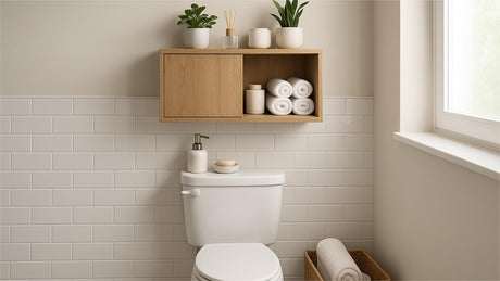 Bamboo over-the-toilet storage shelf organizing towels and bathroom essentials