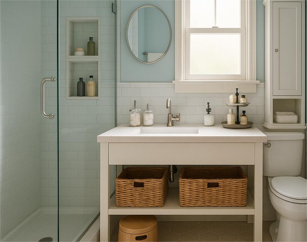 Organized small bathroom with clear counters, neatly stored toiletries, and space-saving storage