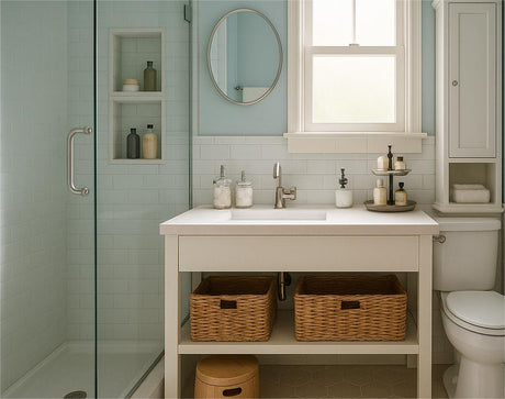 Organized small bathroom with clear counters, neatly stored toiletries, and space-saving storage