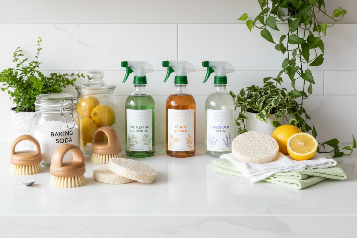Eco-friendly spring cleaning supplies arranged beside a printable home-cleaning checklist