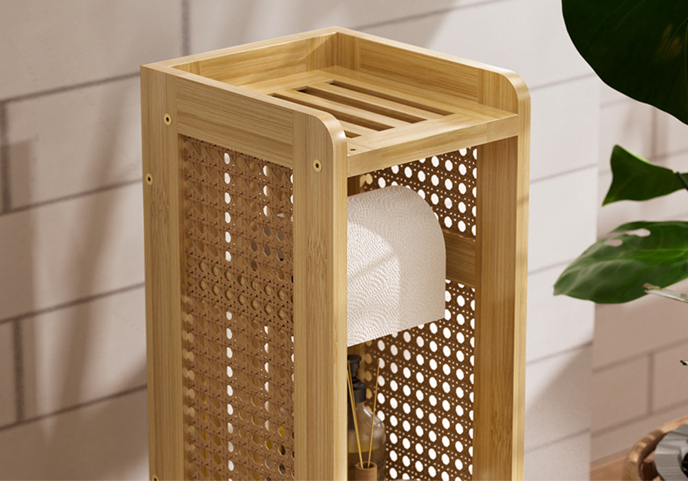 Bamboo Wooden cabinet with wicker backrest against a light wall.