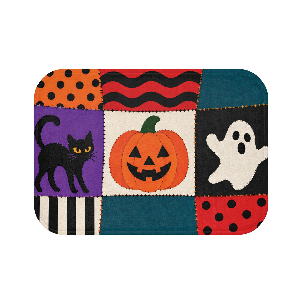 Halloween Patchwork Bath Mat – Ghosts, Cats & Skeletons
