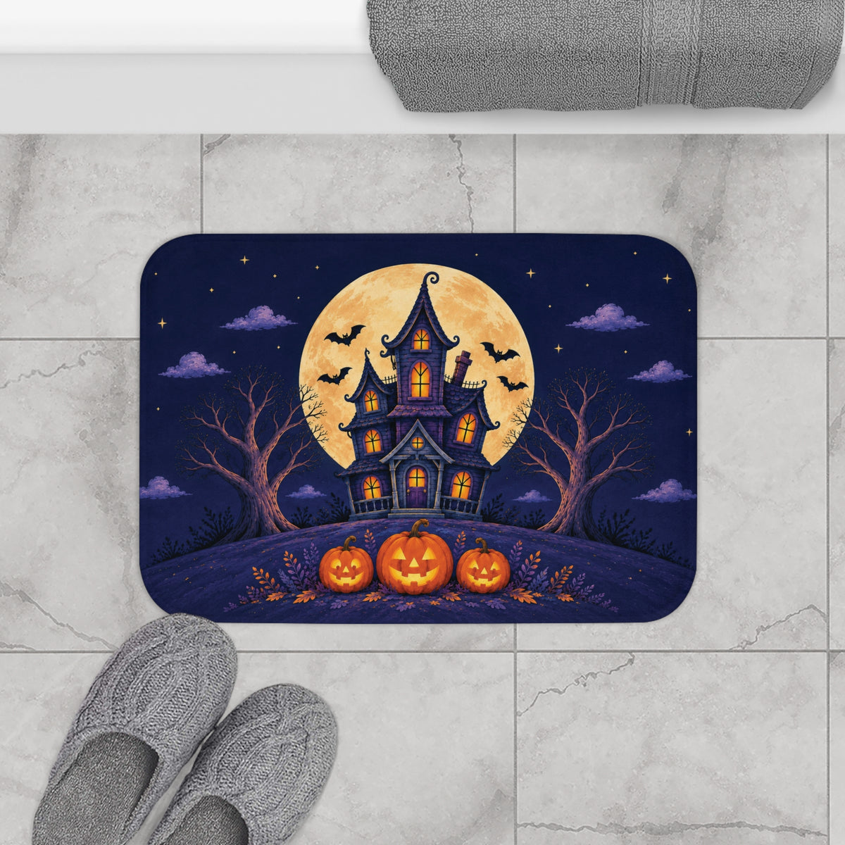 Haunted House Halloween Bath Mat – Full Moon & Pumpkins