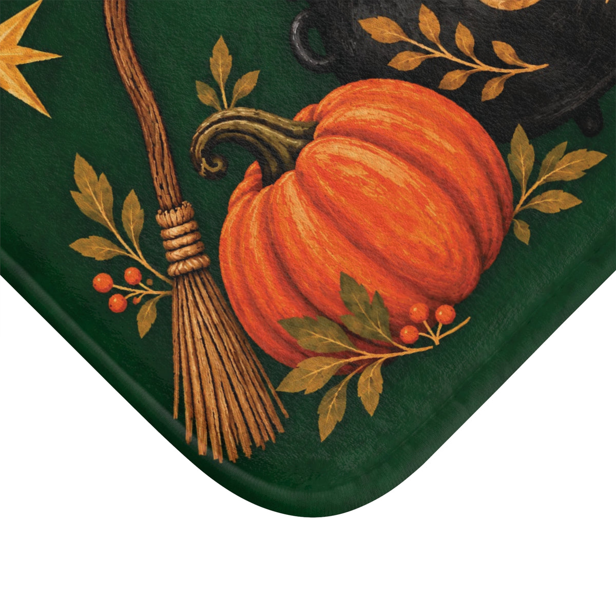 Witchy Black Cat Halloween Bath Mat – Cauldron & Pumpkins