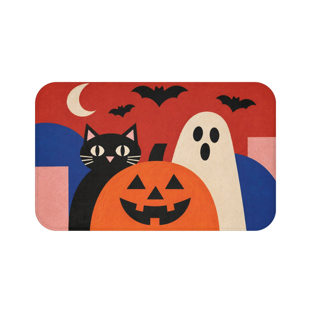 AmazerBath Halloween bath mat front view with retro black cat, white ghost, and pumpkin on white, showing the complete pattern.