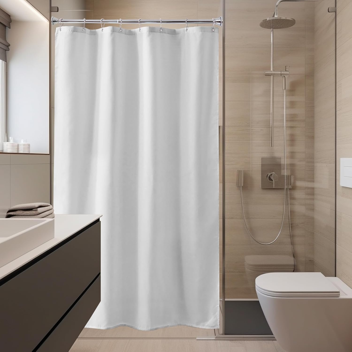 White Shower Curtain Liner 2 in 1, 120G Fabric Waterproof - Thumbnail 3