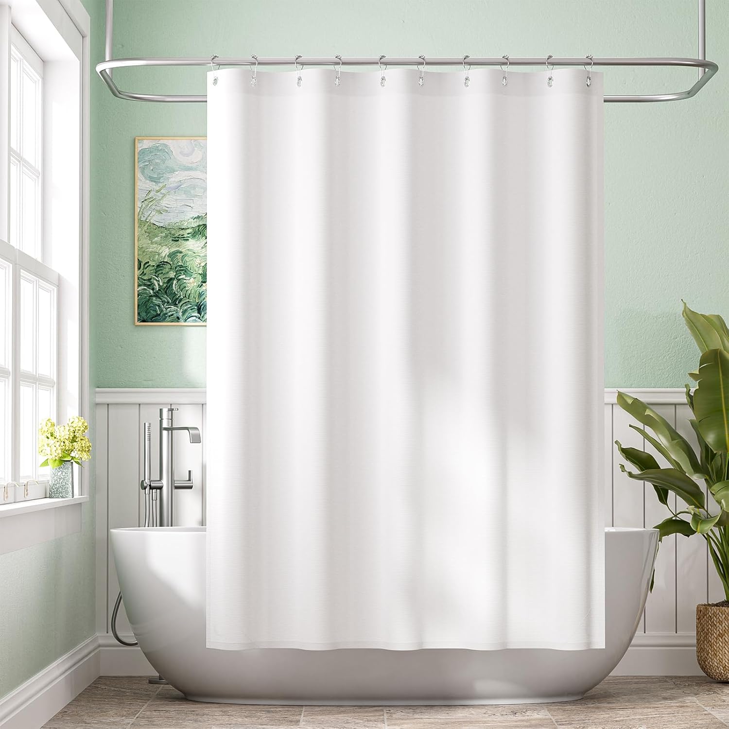 White Shower Curtain Liner 2 in 1, 120G Fabric Waterproof - Thumbnail 2