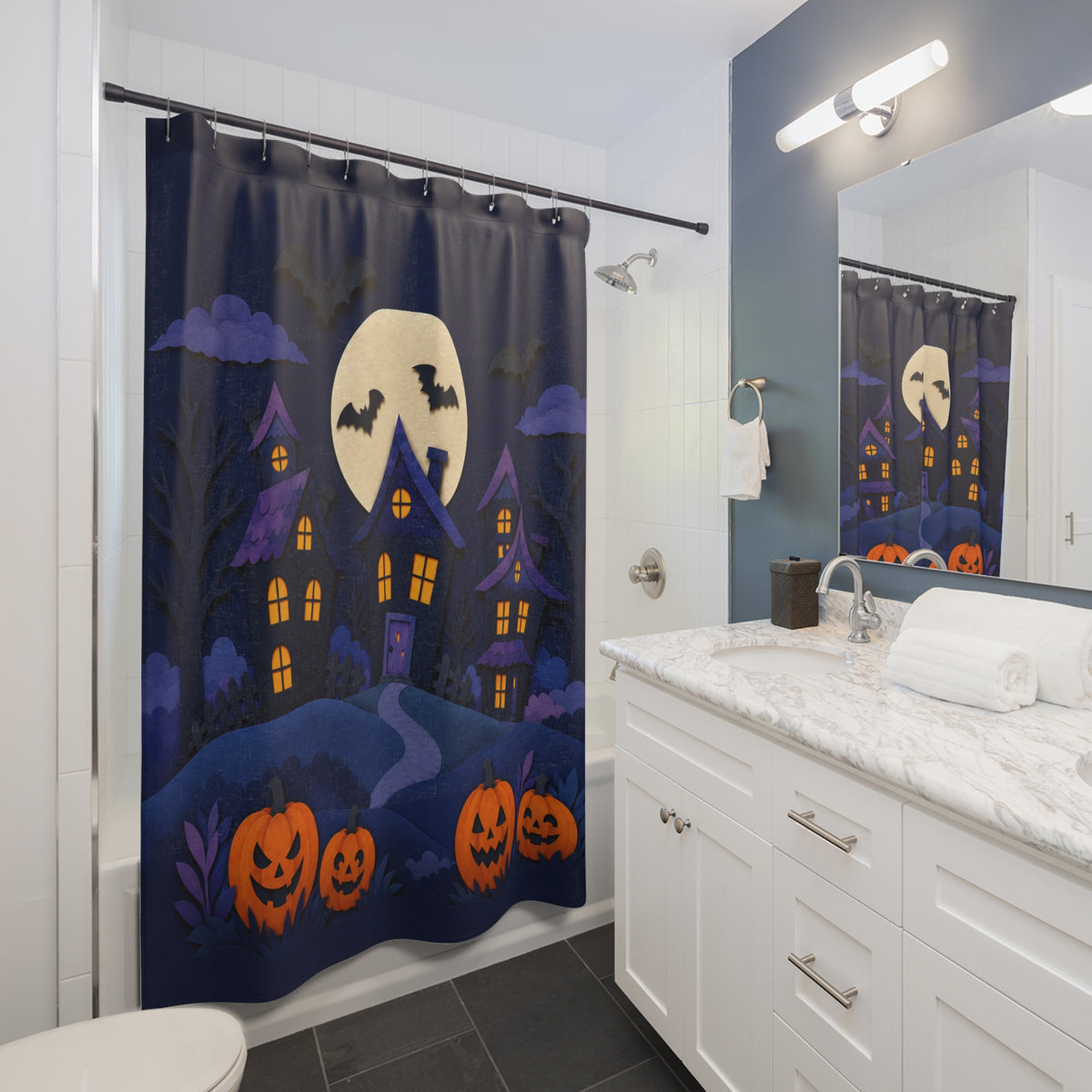 Moonlit Haunted Village Halloween Shower Curtain