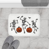 Linocut Skeleton Halloween Bath Mat – Dancing Bones & Pumpkins