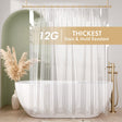 Clear shower curtain with '12G Thick' label in a bathroom setting