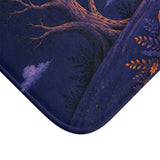 AmazerBath Halloween bath mat corner with haunted house, full moon, and glowing pumpkins, vivid print, soft texture, and a bound edge.