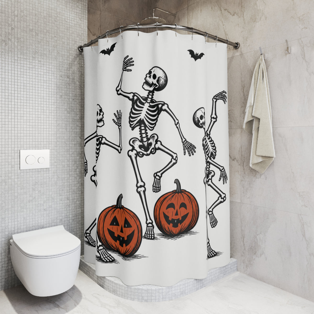 Linocut Dancing Skeletons Halloween Shower Curtain