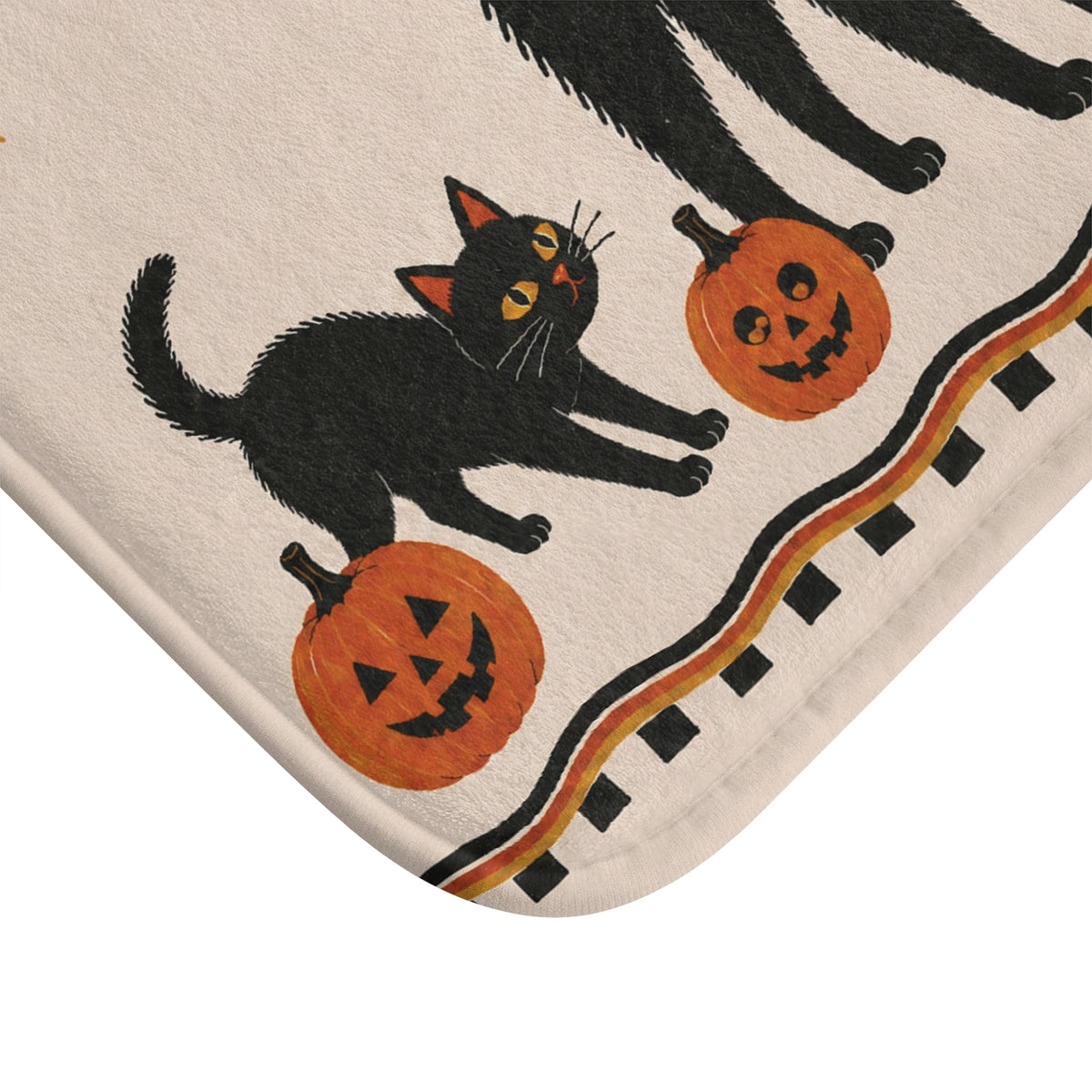 Black Cat Halloween Bath Mat – Retro Pumpkins & Stars
