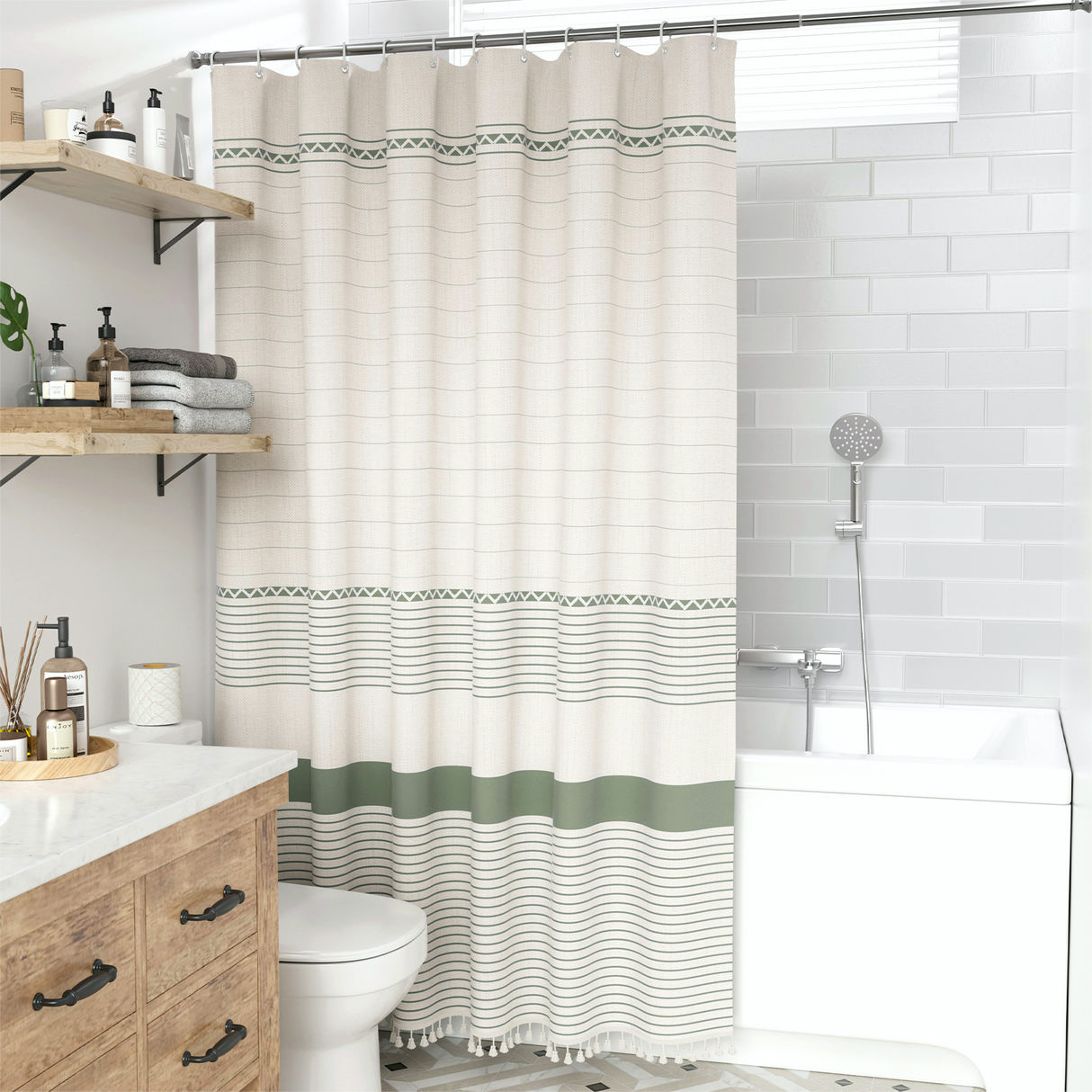 AmazerBath Farmhouse Linen Shower Curtain with Tassel, 72"x72", Sage Green