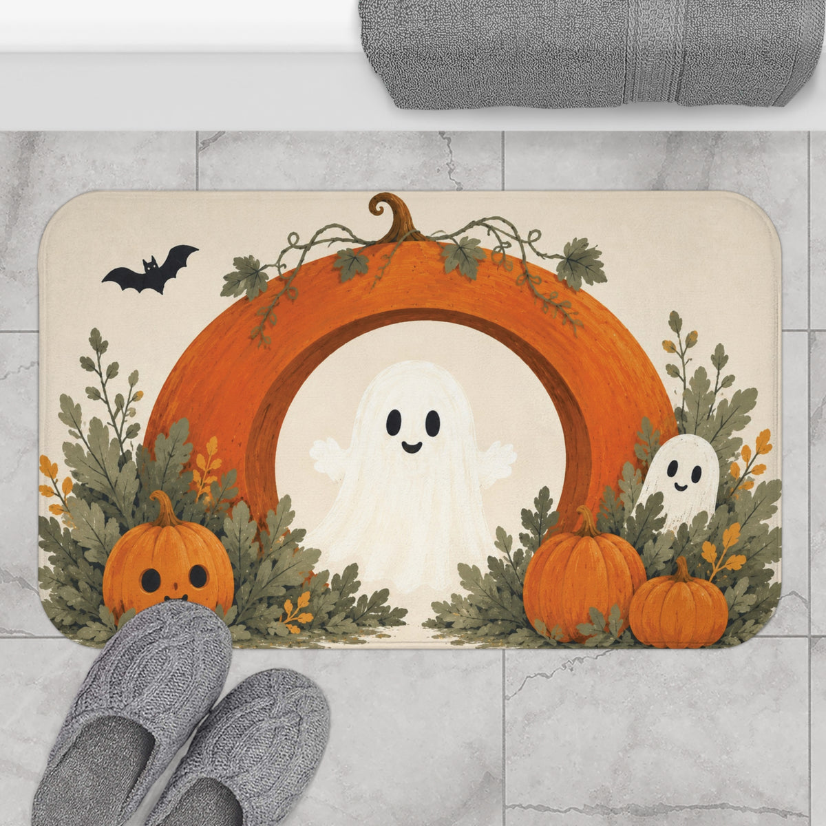 AmazerBath Halloween bath mat featuring white ghost, autumn wreath, and pumpkins placed on light bathroom tile beside a bathtub.