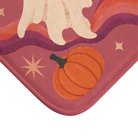 AmazerBath Halloween bath mat corner with dancing ghosts, disco ball, and pumpkins, vivid print, soft texture, and a bound edge.