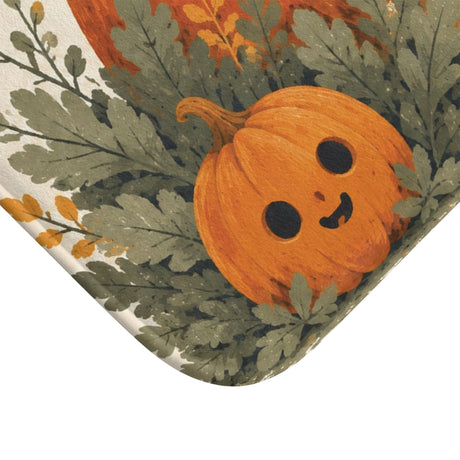 AmazerBath Halloween bath mat corner with white ghost, autumn wreath, and pumpkins, vivid print, soft texture, and a bound edge.