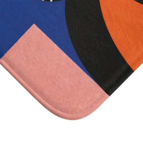 AmazerBath Halloween bath mat corner with retro black cat, white ghost, and pumpkin, vivid print, soft texture, and a bound edge.