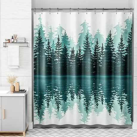 AmazerBath Green Leaves Fabric Shower Curtain Set with 12 Shower Curtain Hooks