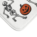 Linocut Skeleton Halloween Bath Mat – Dancing Bones & Pumpkins