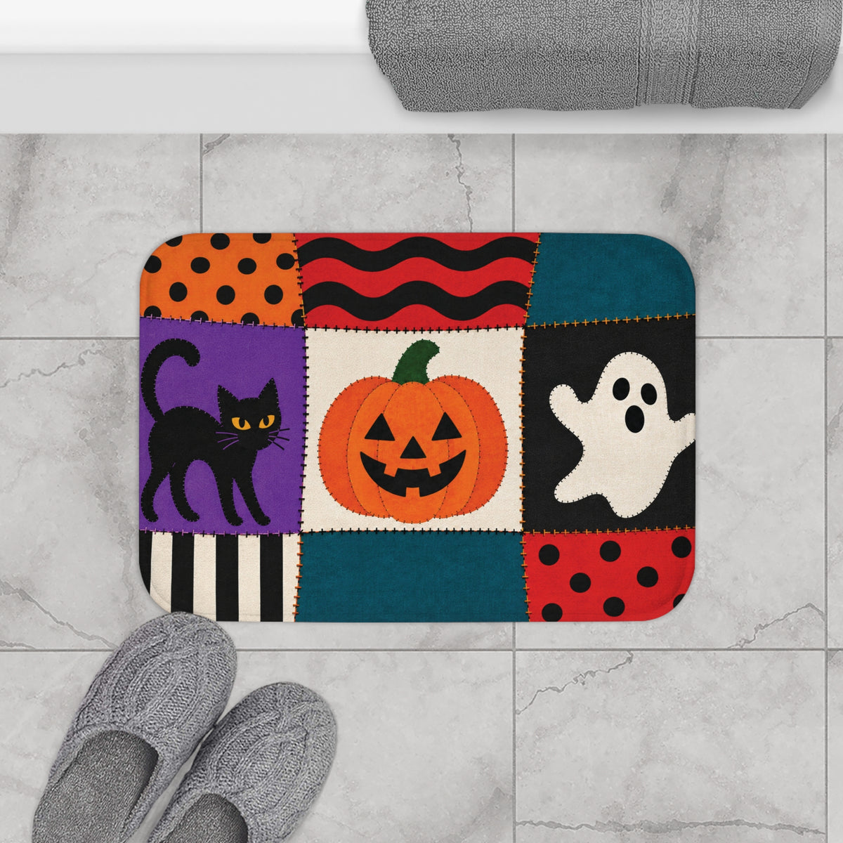 Halloween Patchwork Bath Mat – Ghosts, Cats & Skeletons