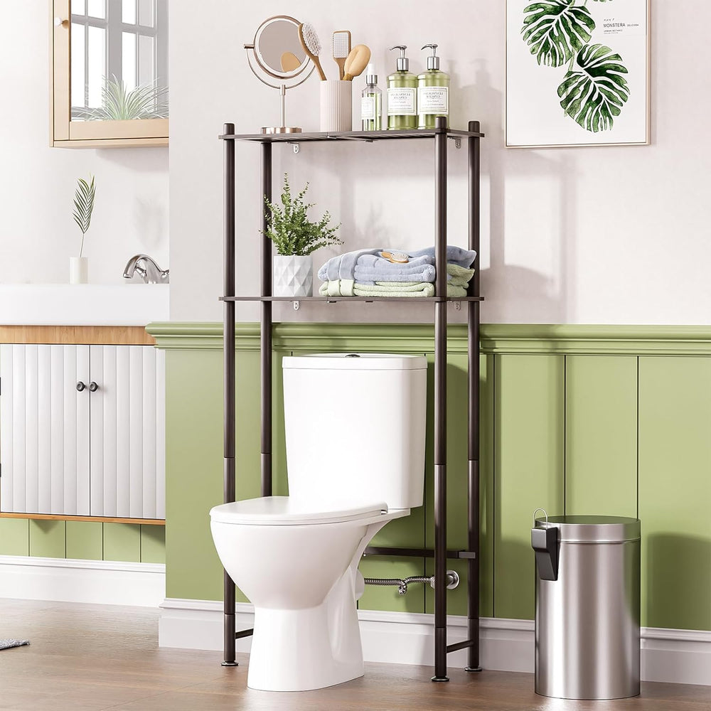 Bathroom with a toilet and over-the-toilet shelving unit.
