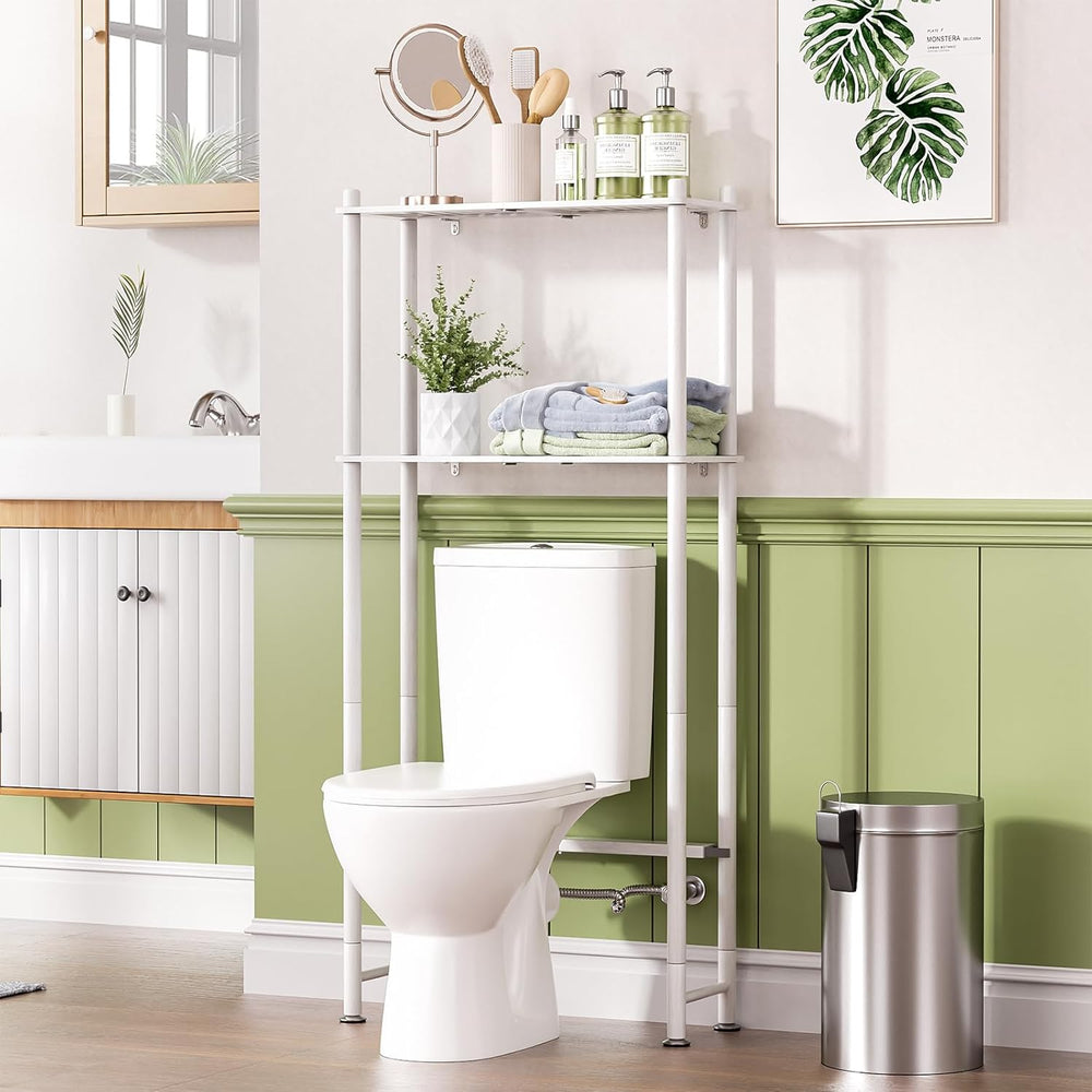 Bathroom with a white over-the-toilet shelf, toilet, and trash can.
