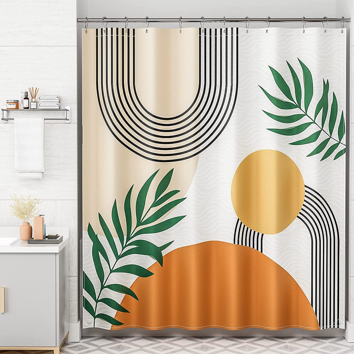 Amazerbath Orange Abstract Fabric Shower Curtain Set With 12 Cu