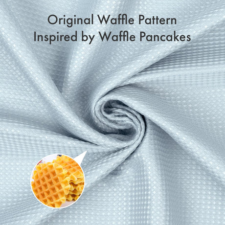 Waffle-patterned fabric with a close-up inset of waffle texture, inspired by waffle pancakes.